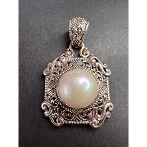 Sarda white mabe pearl Bali sterling silver ornate pendant
